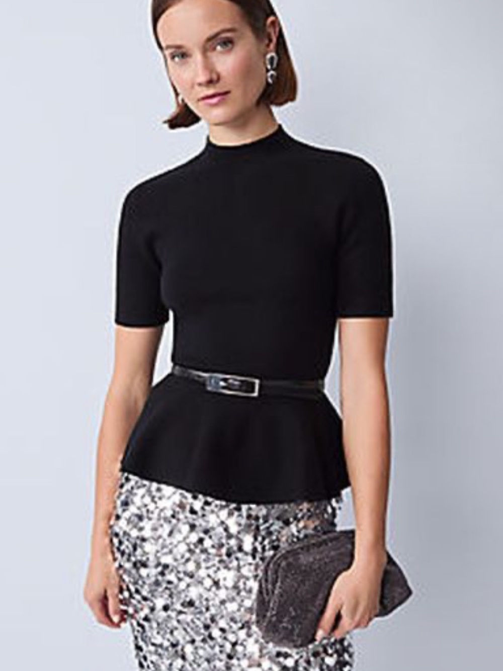 Ann Taylor Corporate Siren Femme Minimalist Peplum Knit Black short sleeve top